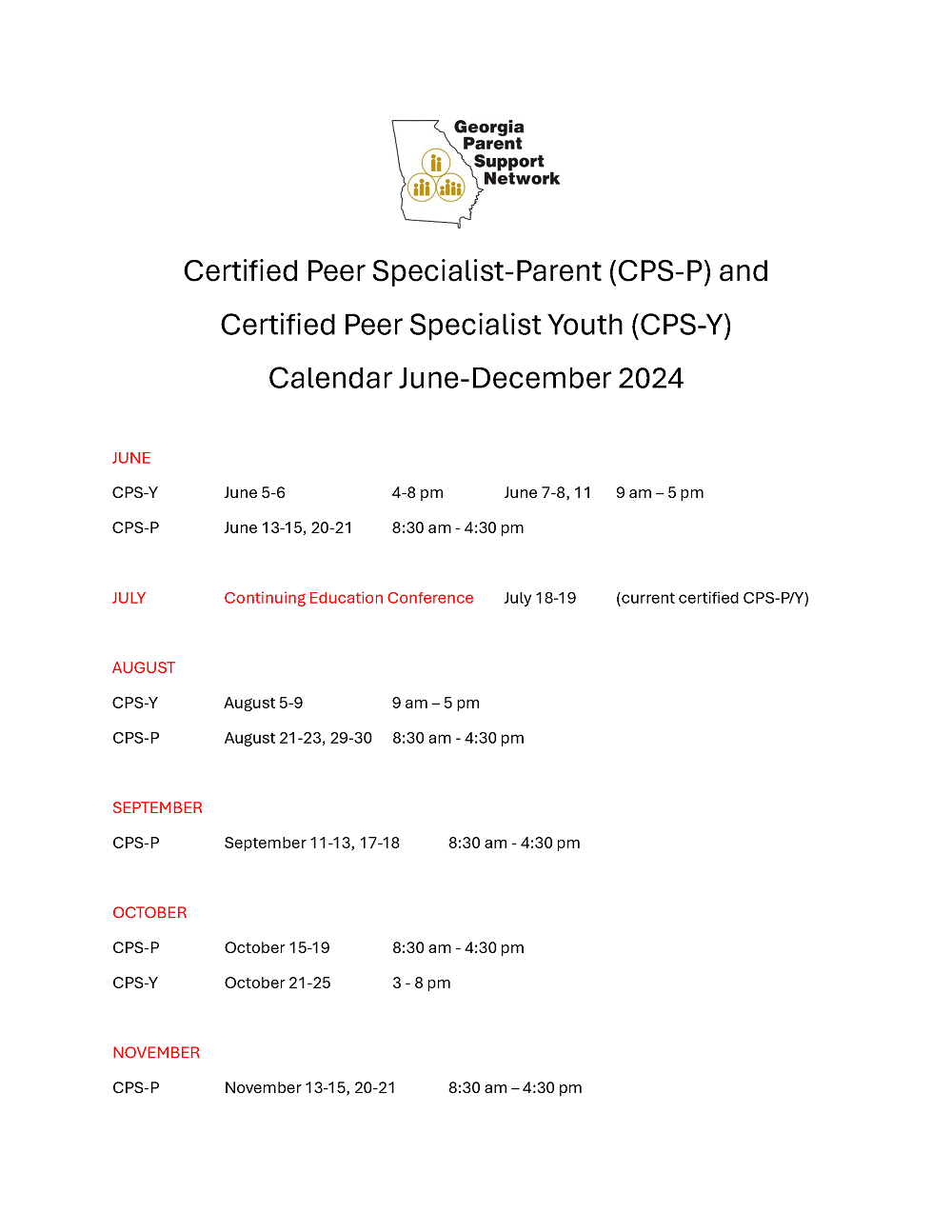 CPS Parent and Youth Calendar June-December 2024